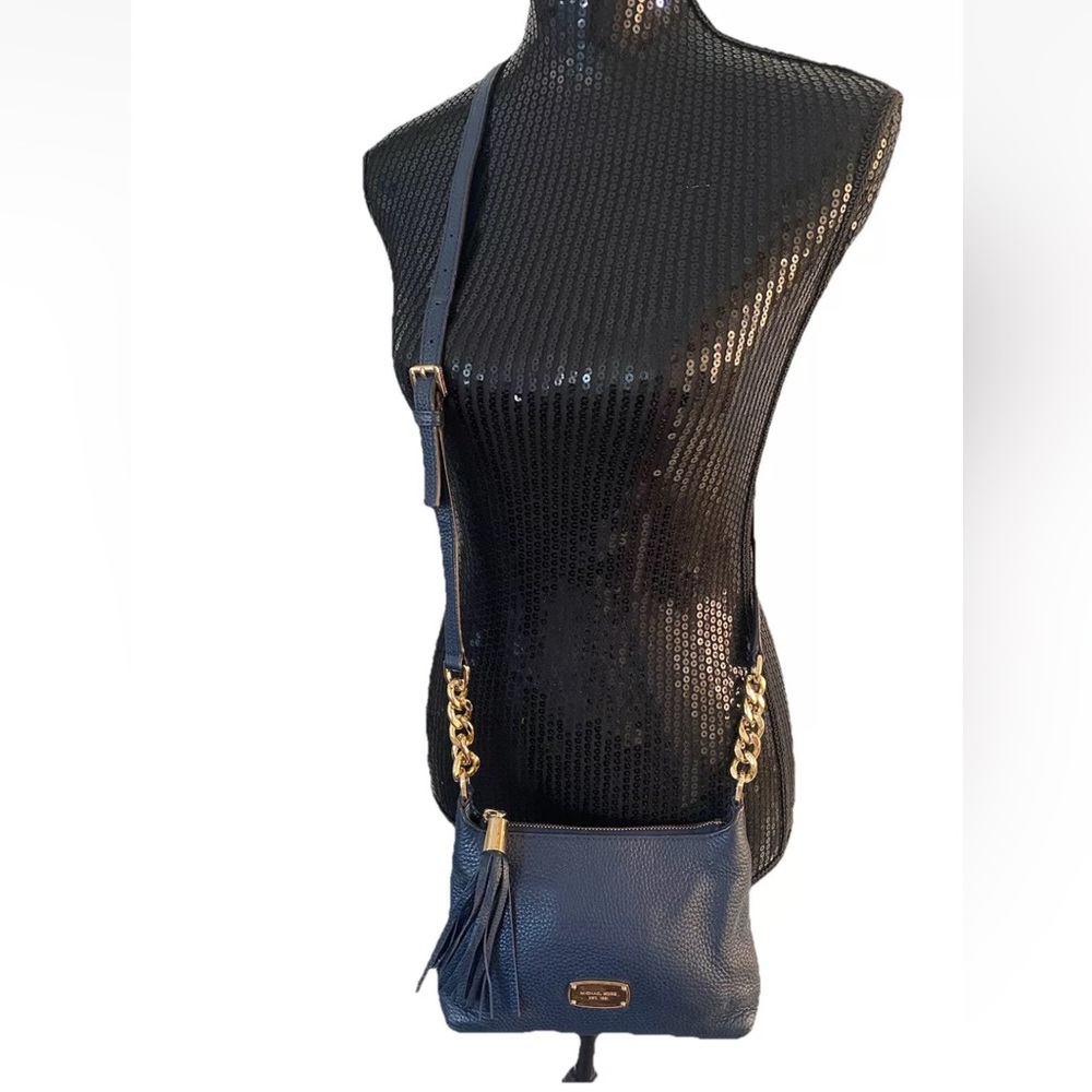 Michael Kors Bedford Navy Blue Pebbled Leather Crossbody Bag tassel Zip